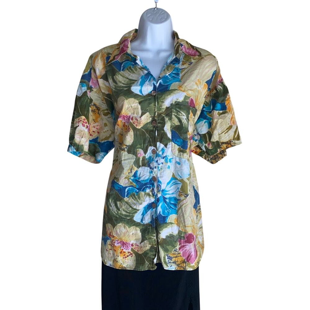 VTG Venezia Women's Plus Size 18/20 Ocean Blue Tropical Summer Button Up Blouse